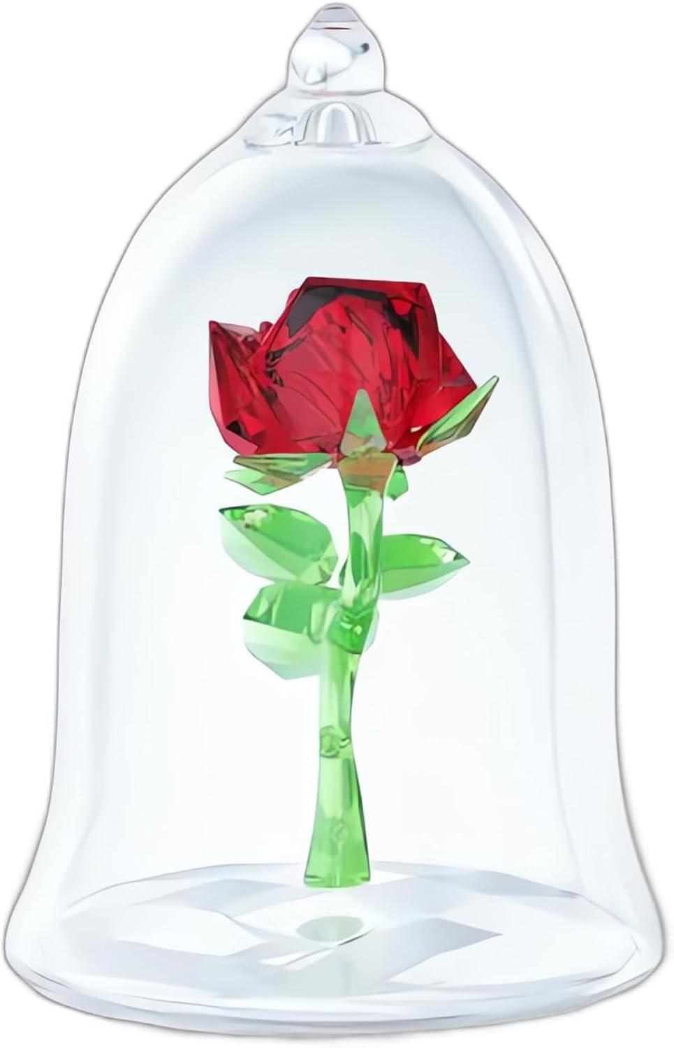 imageSwarovski Beauty and The Beast Enchanted Rose Red and Green Crystal with Clear Base and MouthBlown Glass Bell Jar Part of The Beauty and The Beast Collection