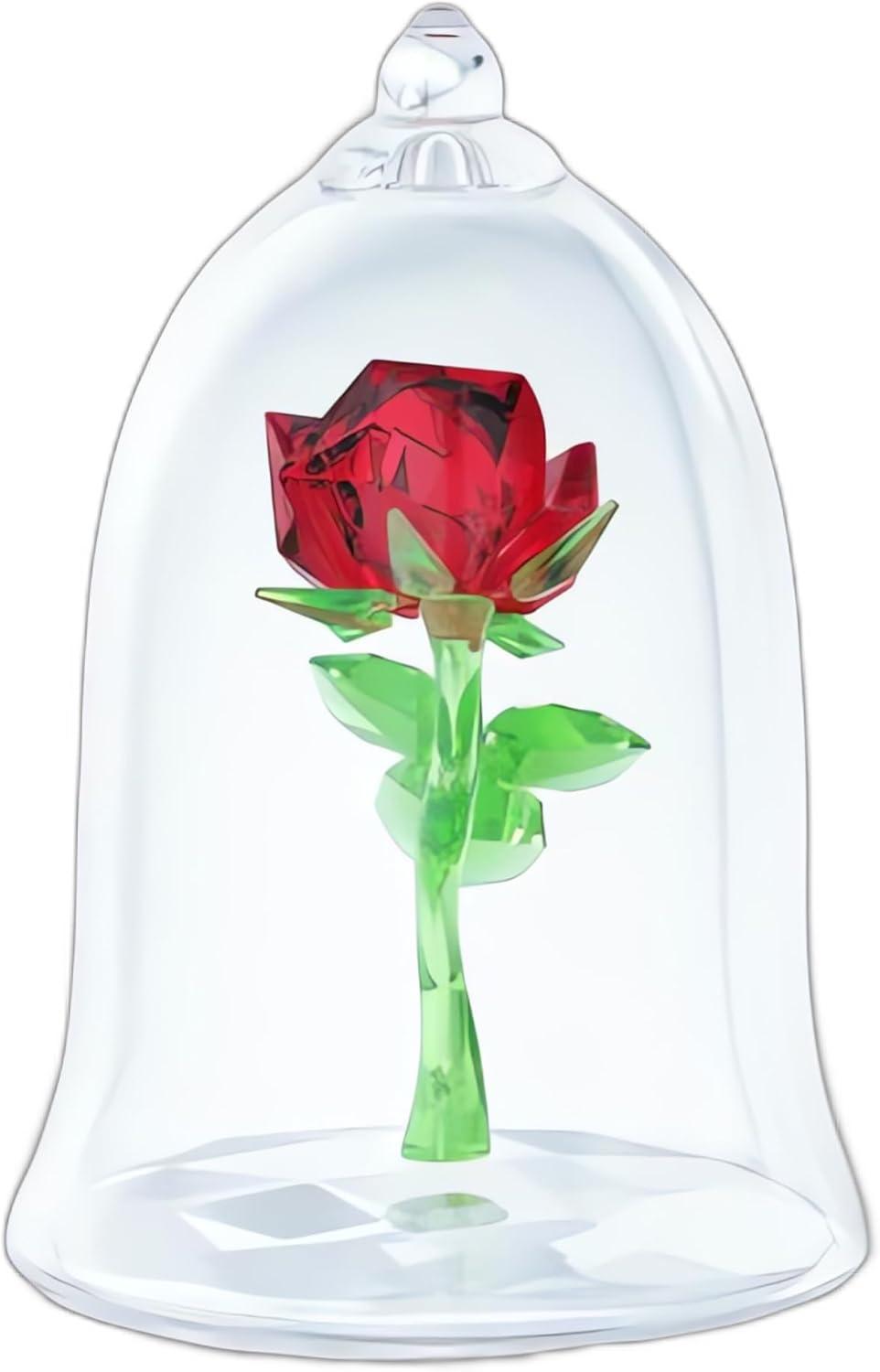 imageSwarovski Beauty and The Beast Enchanted Rose Red and Green Crystal with Clear Base and MouthBlown Glass Bell Jar Part of The Beauty and The Beast Collection
