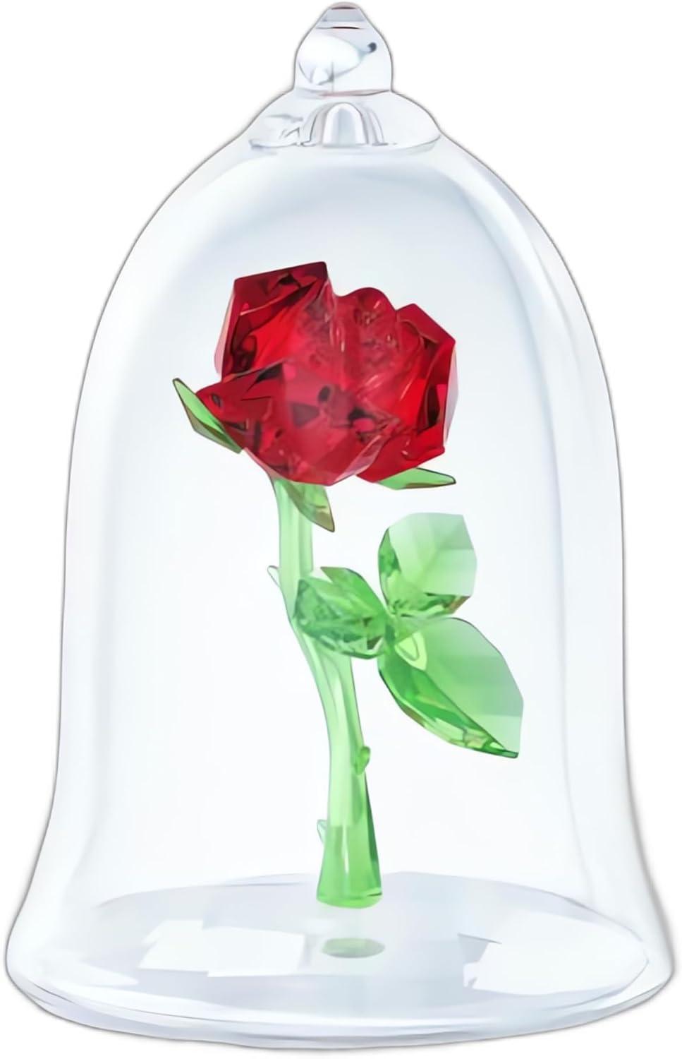 imageSwarovski Beauty and The Beast Enchanted Rose Red and Green Crystal with Clear Base and MouthBlown Glass Bell Jar Part of The Beauty and The Beast Collection