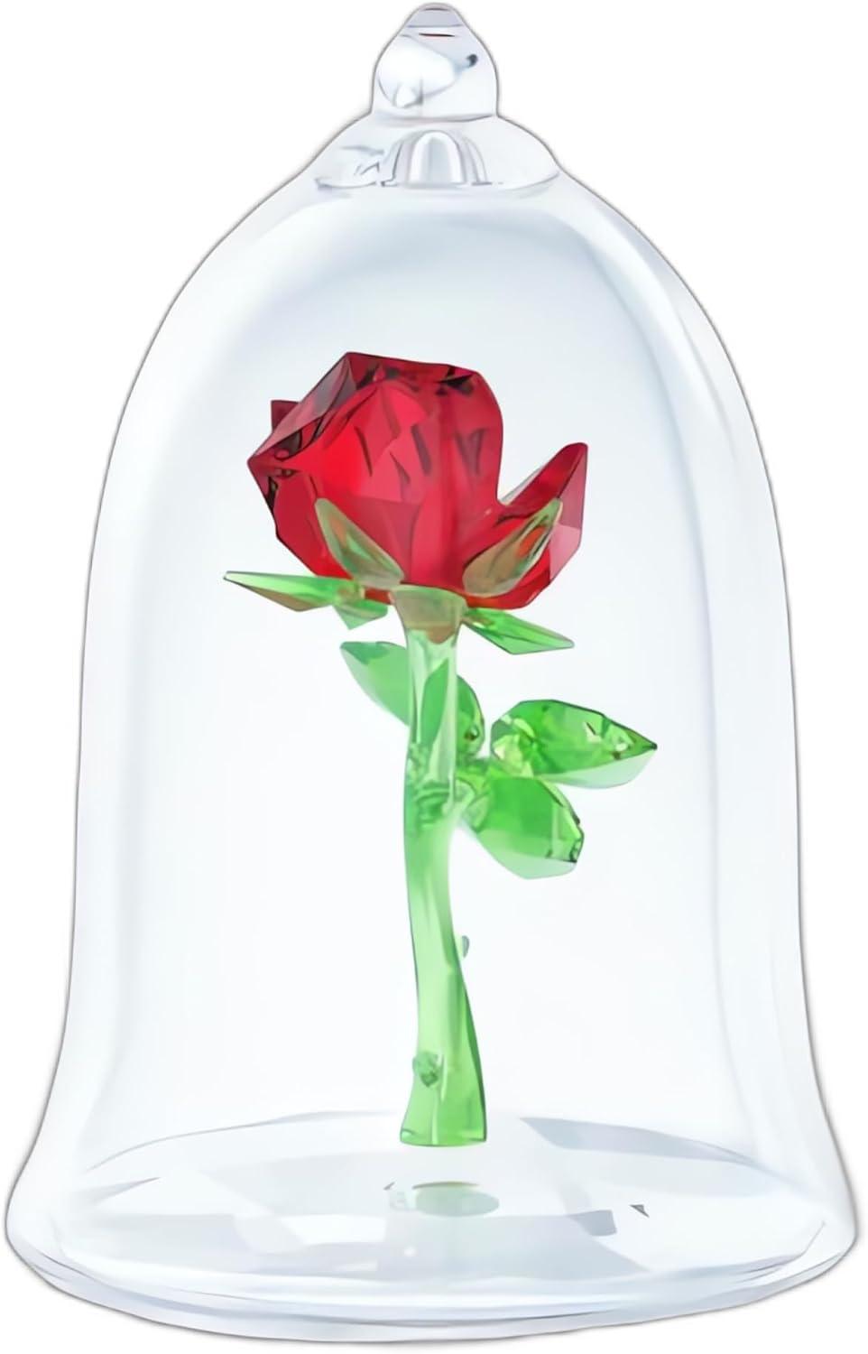 imageSwarovski Beauty and The Beast Enchanted Rose Red and Green Crystal with Clear Base and MouthBlown Glass Bell Jar Part of The Beauty and The Beast Collection