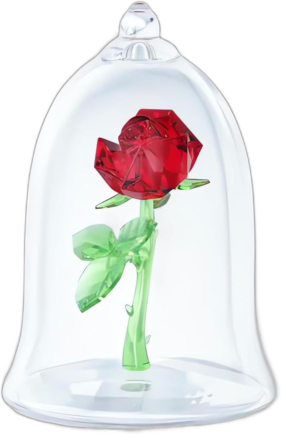 imageSwarovski Beauty and The Beast Enchanted Rose Red and Green Crystal with Clear Base and MouthBlown Glass Bell Jar Part of The Beauty and The Beast Collection