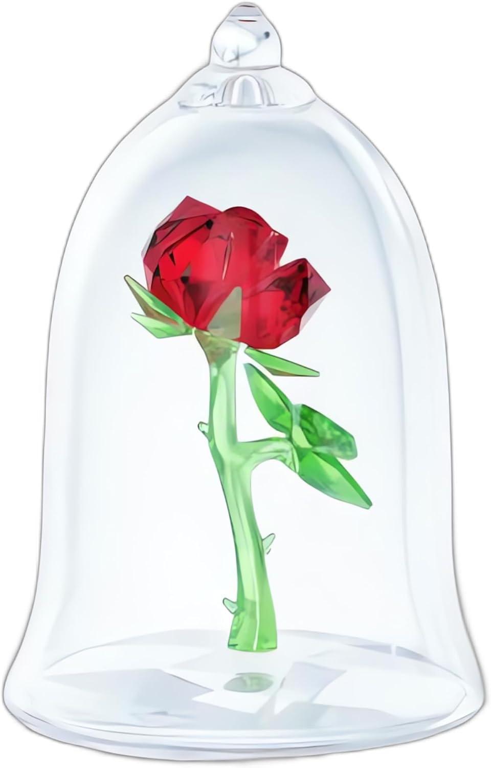 imageSwarovski Beauty and The Beast Enchanted Rose Red and Green Crystal with Clear Base and MouthBlown Glass Bell Jar Part of The Beauty and The Beast Collection