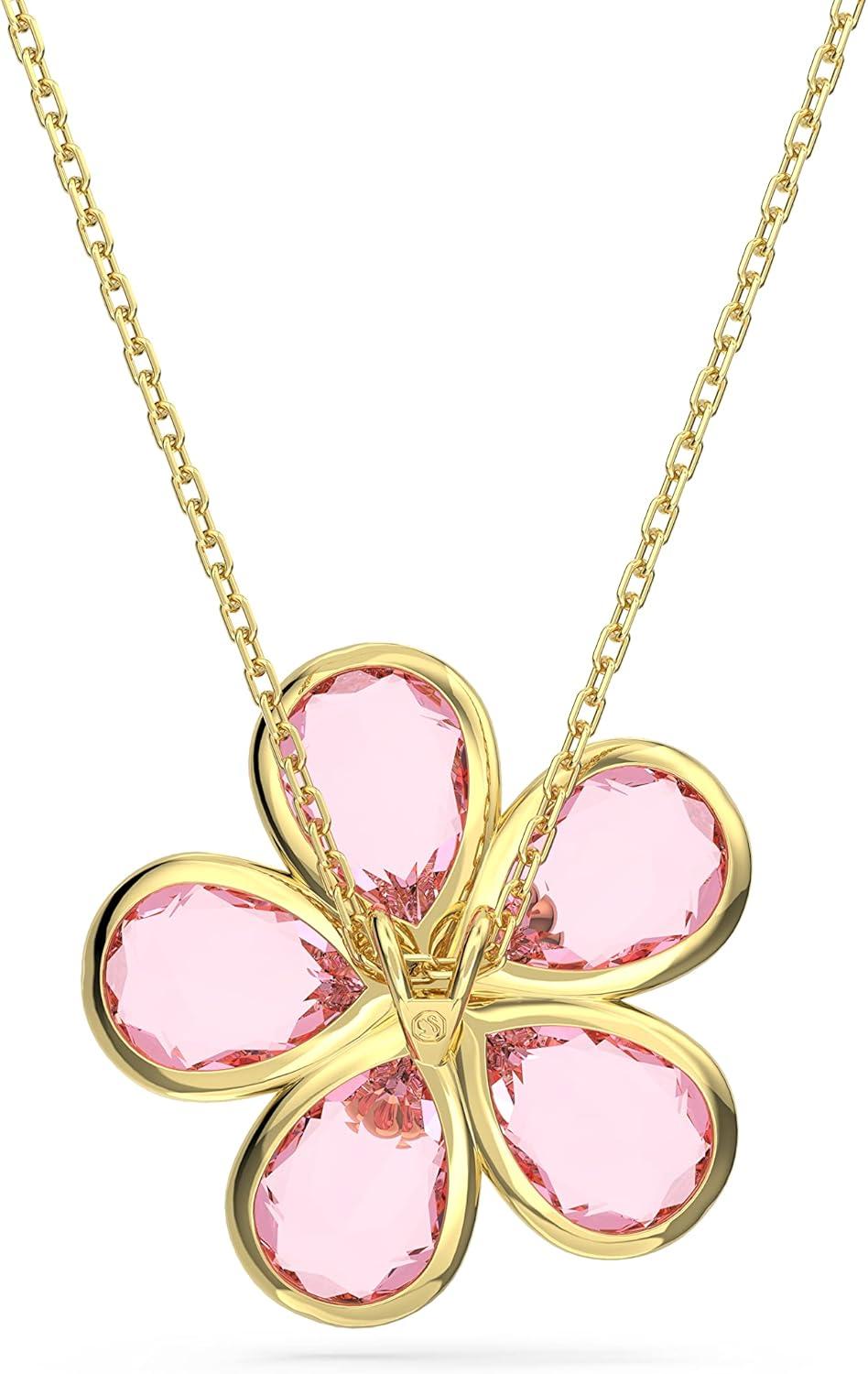 imageSwarovski Florere Necklace and Earrings Collection Pink Crystals Yellow Crystals Gold Tone Metal FinishPink Flower Pendant Necklace