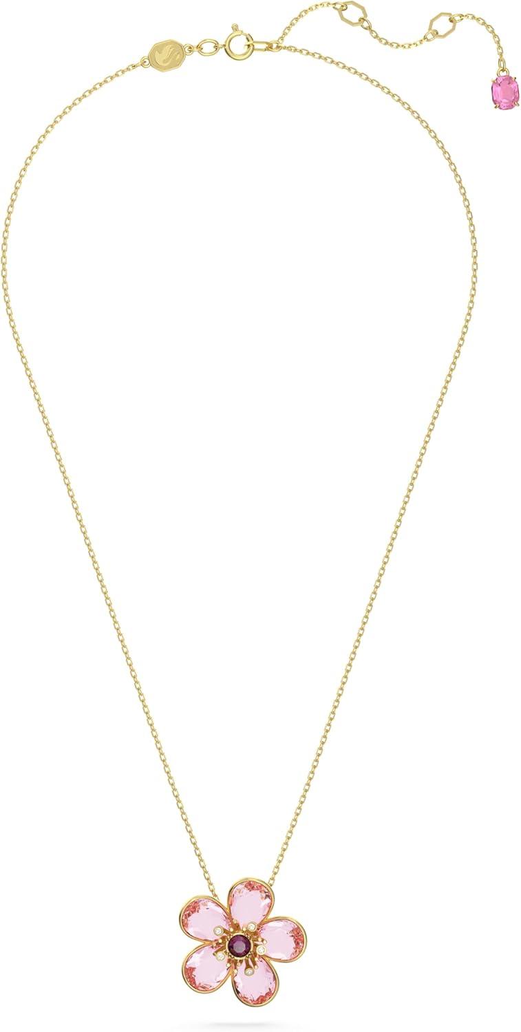 imageSwarovski Florere Necklace and Earrings Collection Pink Crystals Yellow Crystals Gold Tone Metal FinishPink Flower Pendant Necklace