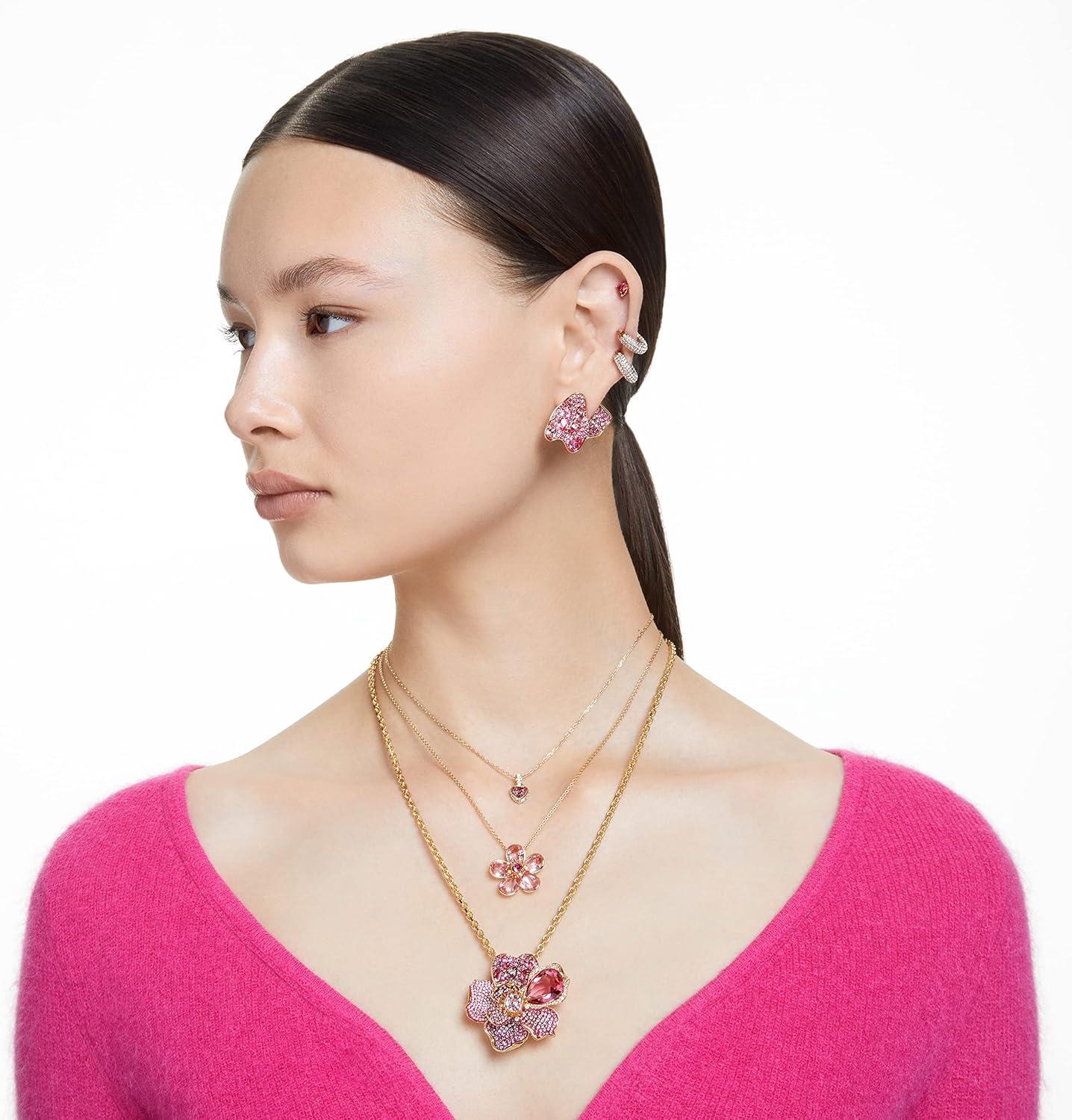 imageSwarovski Florere Necklace and Earrings Collection Pink Crystals Yellow Crystals Gold Tone Metal FinishPink Flower Pendant Necklace