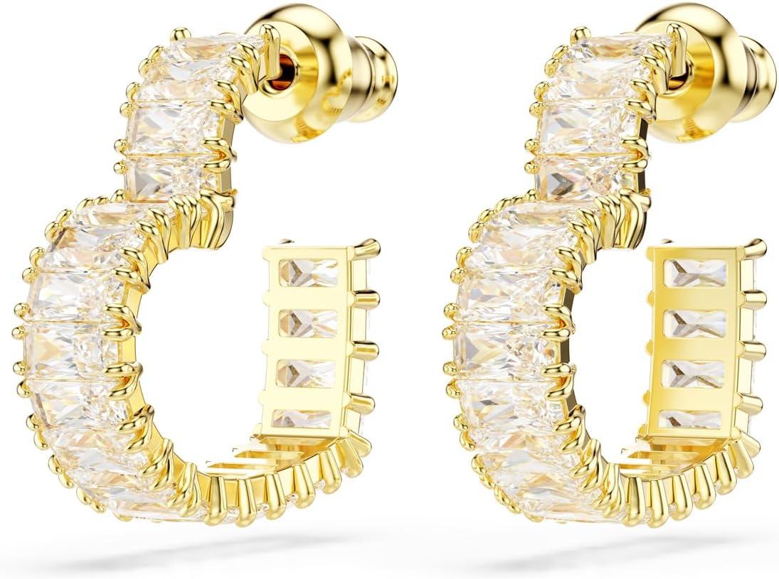 imageSwarovski Matrix Hoop Earrings Baguette Cut Heart Pink Clear Crystals Rhodium and GoldTone FinishesClear Crystal GoldFinish