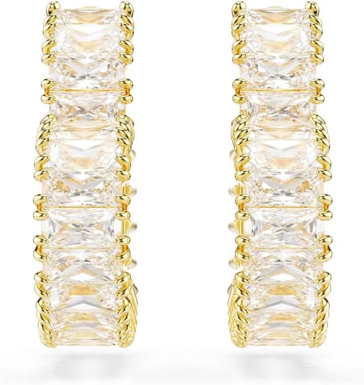 imageSwarovski Matrix Hoop Earrings Baguette Cut Heart Pink Clear Crystals Rhodium and GoldTone FinishesClear Crystal GoldFinish