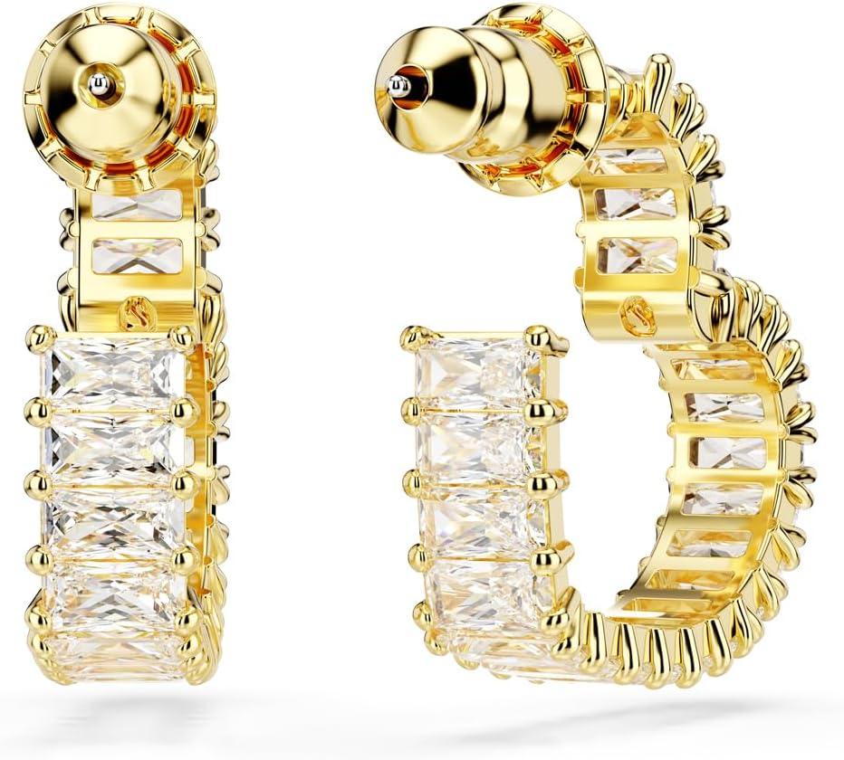 imageSwarovski Matrix Hoop Earrings Baguette Cut Heart Pink Clear Crystals Rhodium and GoldTone FinishesClear Crystal GoldFinish