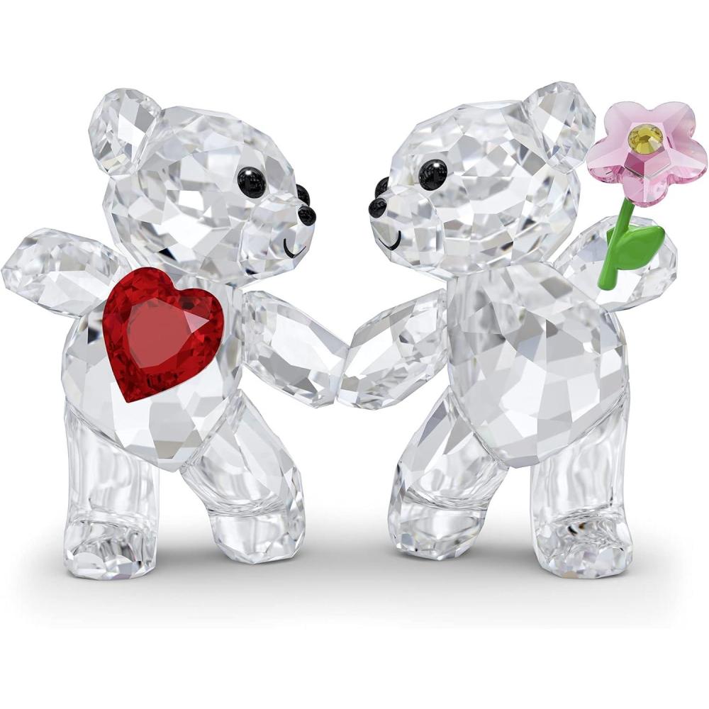 imageSWAROVSKI Kris Bears Happy Together Figurine Set Clear Swarovski Crystal with a Red Heart and Pink Flower Accent Part of the Swarovski Kris Bears Collection