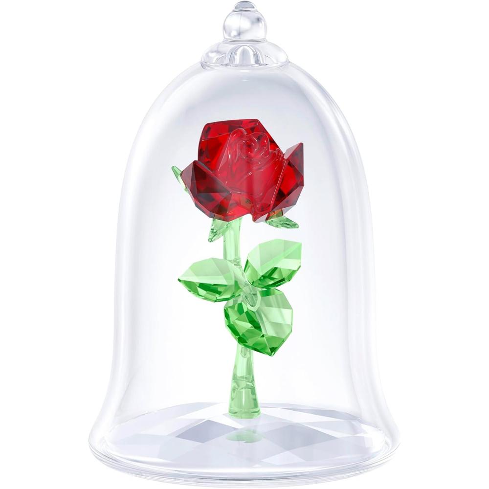imageSwarovski Beauty and The Beast Enchanted Rose Red and Green Crystal with Clear Base and MouthBlown Glass Bell Jar Part of The Beauty and The Beast Collection