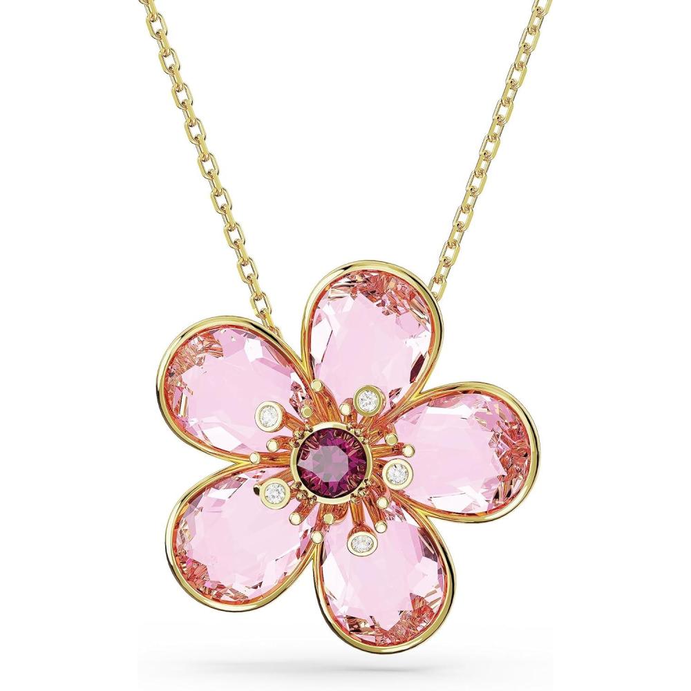 imageSwarovski Florere Necklace and Earrings Collection Pink Crystals Yellow Crystals Gold Tone Metal FinishPink Flower Pendant Necklace