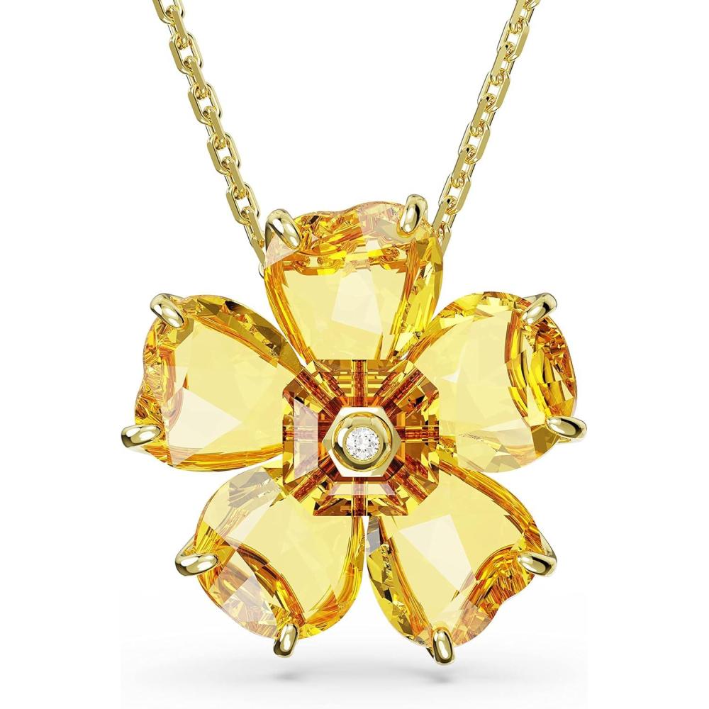 imageSwarovski Florere Necklace and Earrings Collection Pink Crystals Yellow Crystals Gold Tone Metal FinishYellow Flower Pendant Necklace