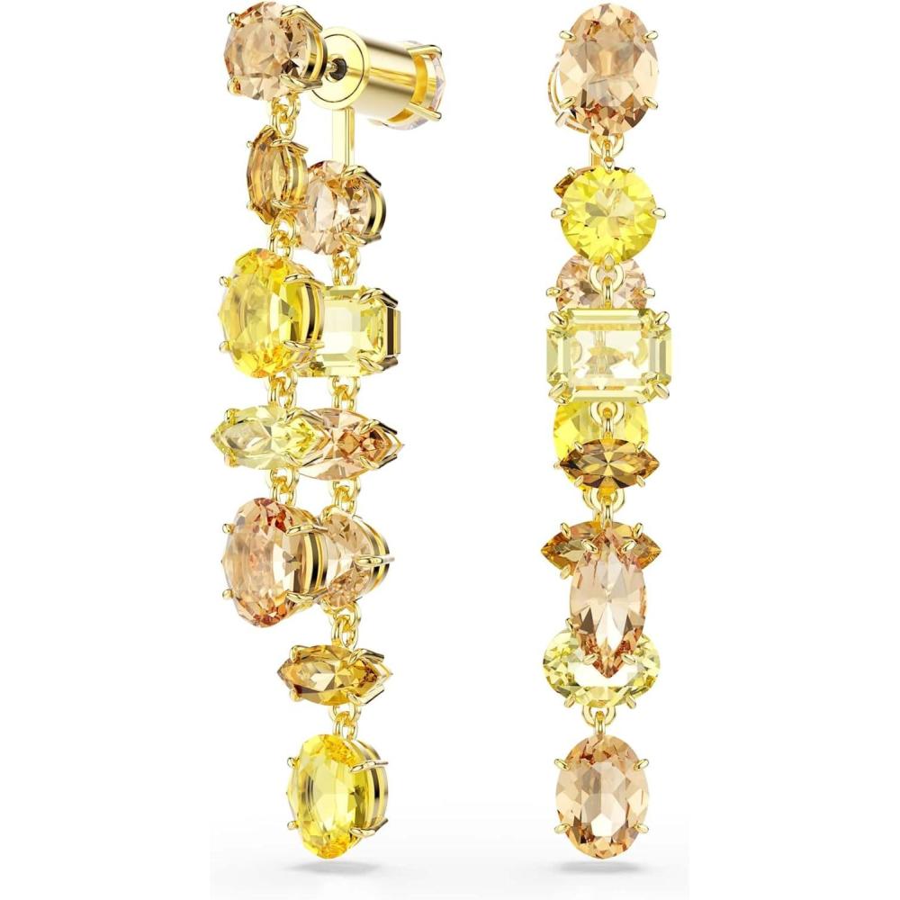 imageSwarovski Gema drop earrings Asymmetrical design Mixed cuts Long Yellow Goldtone Finish