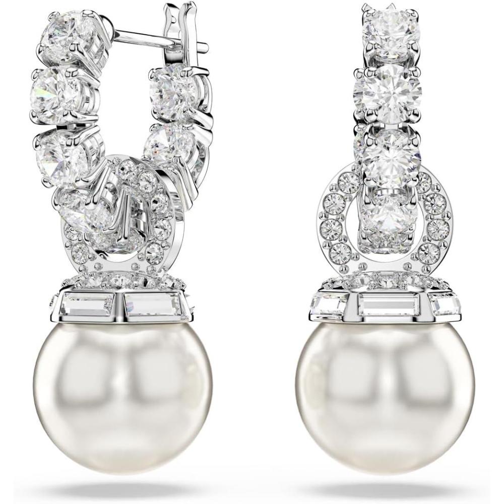 imageSwarovski Matrix Jewelry Set Tennis Bracelet Earrings Clear Round Cut Crystals With Pearls Rhodium FinishDrop Earrings