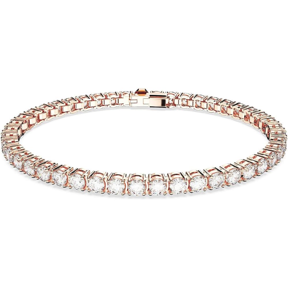 imageSwarovski Matrix Tennis Bracelet Round Cut Crystals Pink Blue Black Clear Rhodium GoldTone and Rose GoldTone FinishesRose Gold Tone