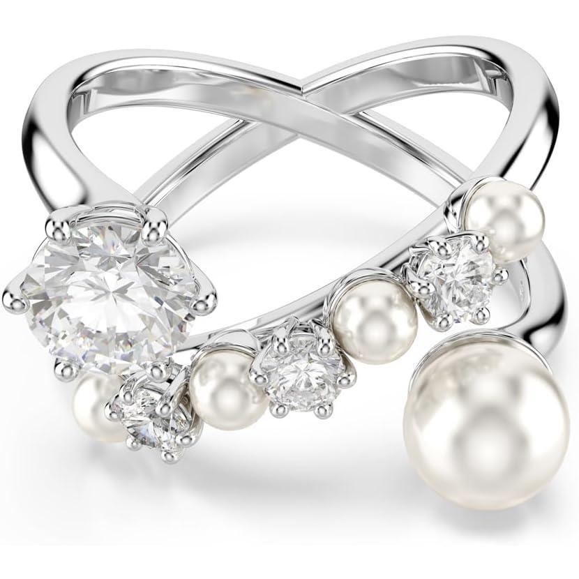 imageSwarovski Matrix cocktail ring Crystal pearl Round cut clear Rhodium finishEU 52 US 575