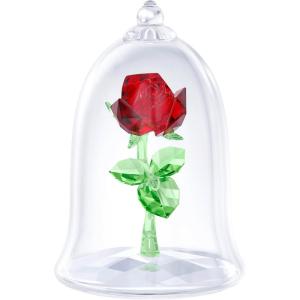 Swarovski Beauty and The Beast Enchanted Rose, Red and Green Crystal with Clear Base and Mouth-Blown Glass Bell Jar, Part of The Beauty and The Beast Collection