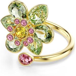 Swarovski Idyllia open ring, Mixed cuts, Flower, Green, Gold-tone Finish, Size 6 3/4