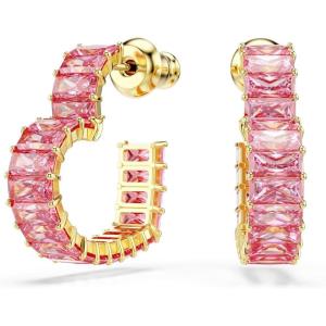 Swarovski Matrix Hoop Earrings, Baguette Cut, Heart, Pink, Clear Crystals, Rhodium and Gold-Tone Finishes(Pink Crystal)