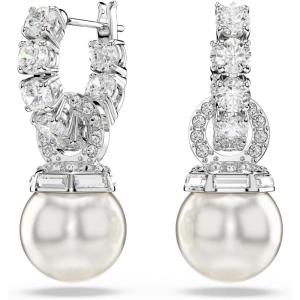 Swarovski Matrix Jewelry Set, Tennis Bracelet, Earrings, Clear Round Cut Crystals With Pearls, Rhodium Finish(Drop Earrings)