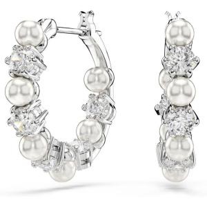 Swarovski Matrix Jewelry Set, Tennis Bracelet, Earrings, Clear Round Cut Crystals With Pearls, Rhodium Finish(Hoop Earrings)