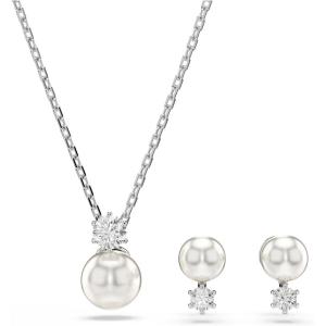 Swarovski Matrix Jewelry Set, Tennis Bracelet, Earrings, Clear Round Cut Crystals With Pearls, Rhodium Finish(Necklace Set)