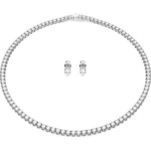 Swarovski Matrix Tennis Jewelry Set, All-Round Necklace and Pierced Stud Earrings with Clear Crystals on a Rhodium Finished Setting, Part of the Matrix Tennis Collection