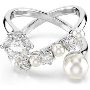 Swarovski Matrix cocktail ring, Crystal pearl, Round cut, clear, Rhodium finish(EU 60 (US 8.75))