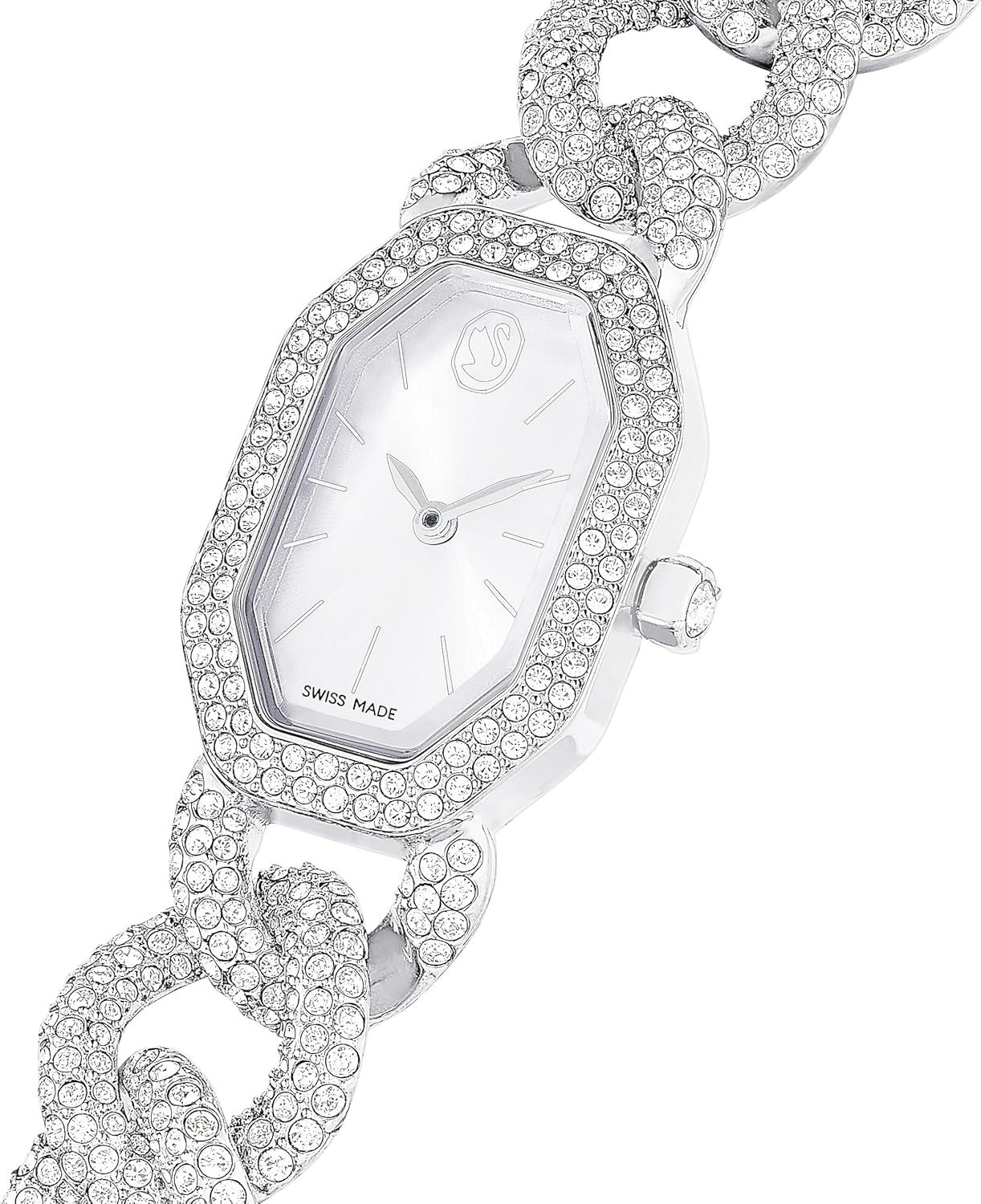 imageDextera Chain ampamp Crystal Watch Interlocking Stainless Steel with Pave Crystal Bracelet Band Octagon Shaped Oval Face with Embellished Crystals Swiss Made Part of The Dextera Watch Collection