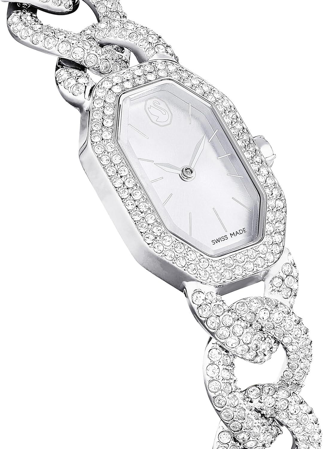 imageDextera Chain ampamp Crystal Watch Interlocking Stainless Steel with Pave Crystal Bracelet Band Octagon Shaped Oval Face with Embellished Crystals Swiss Made Part of The Dextera Watch Collection