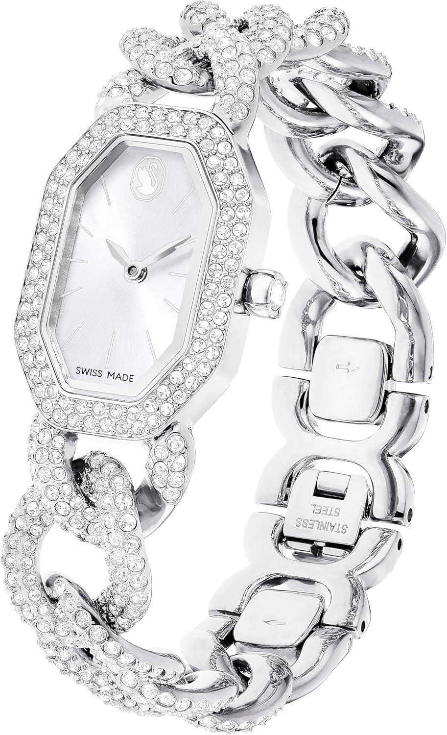 imageDextera Chain ampamp Crystal Watch Interlocking Stainless Steel with Pave Crystal Bracelet Band Octagon Shaped Oval Face with Embellished Crystals Swiss Made Part of The Dextera Watch Collection