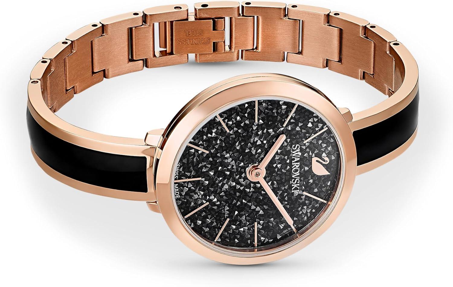 imageSwarovski Crystalline Aura Watch Taupe Leather Strap RoseGold Tone Finish Clear Crystals Swiss Made Part of The Crystalline Watch CollectionCrystalline Delight Rose Gold Tone