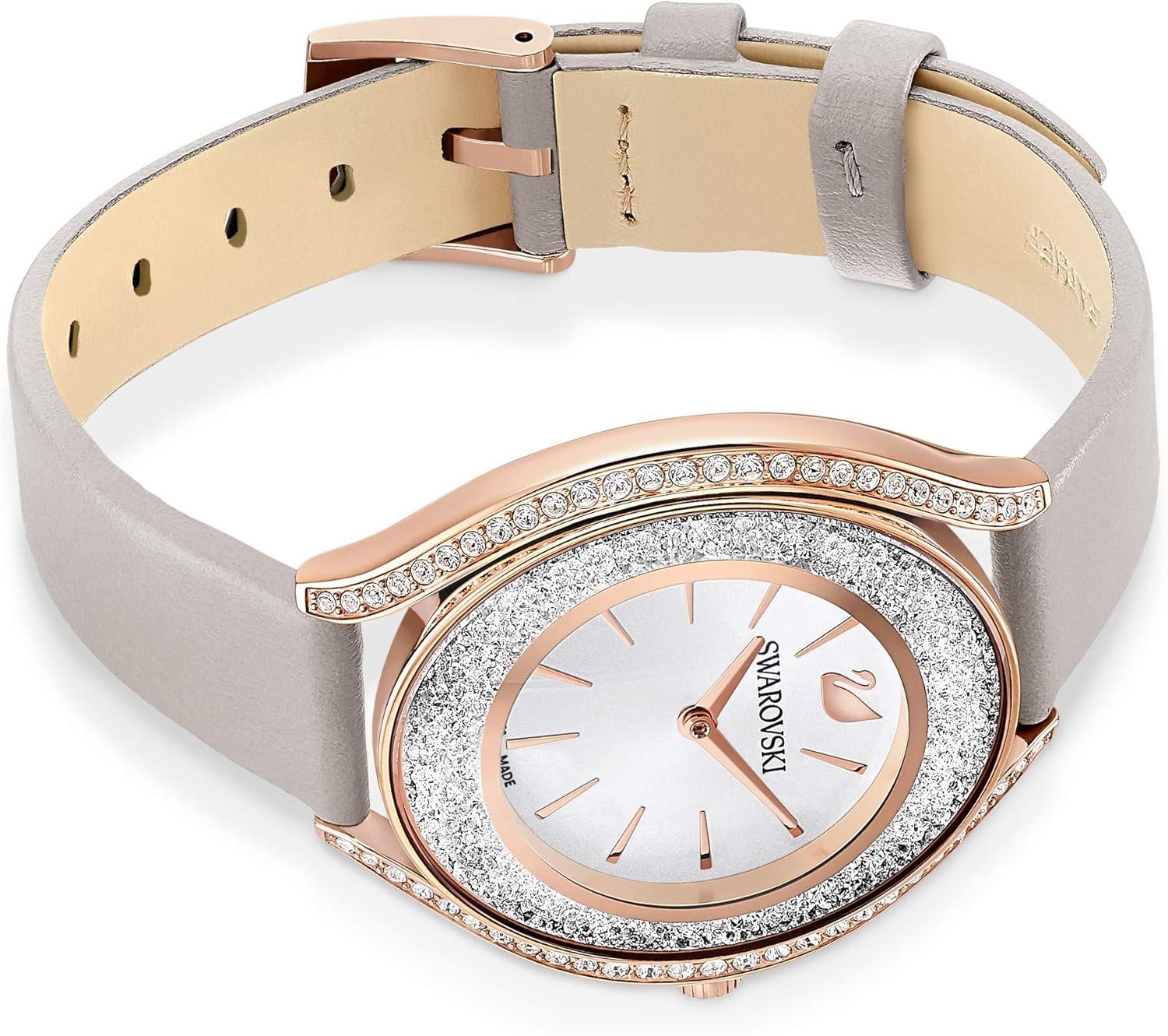 imageSwarovski Crystalline Aura Watch Taupe Leather Strap RoseGold Tone Finish Clear Crystals Swiss Made Part of The Crystalline Watch CollectionCrystalline Aura