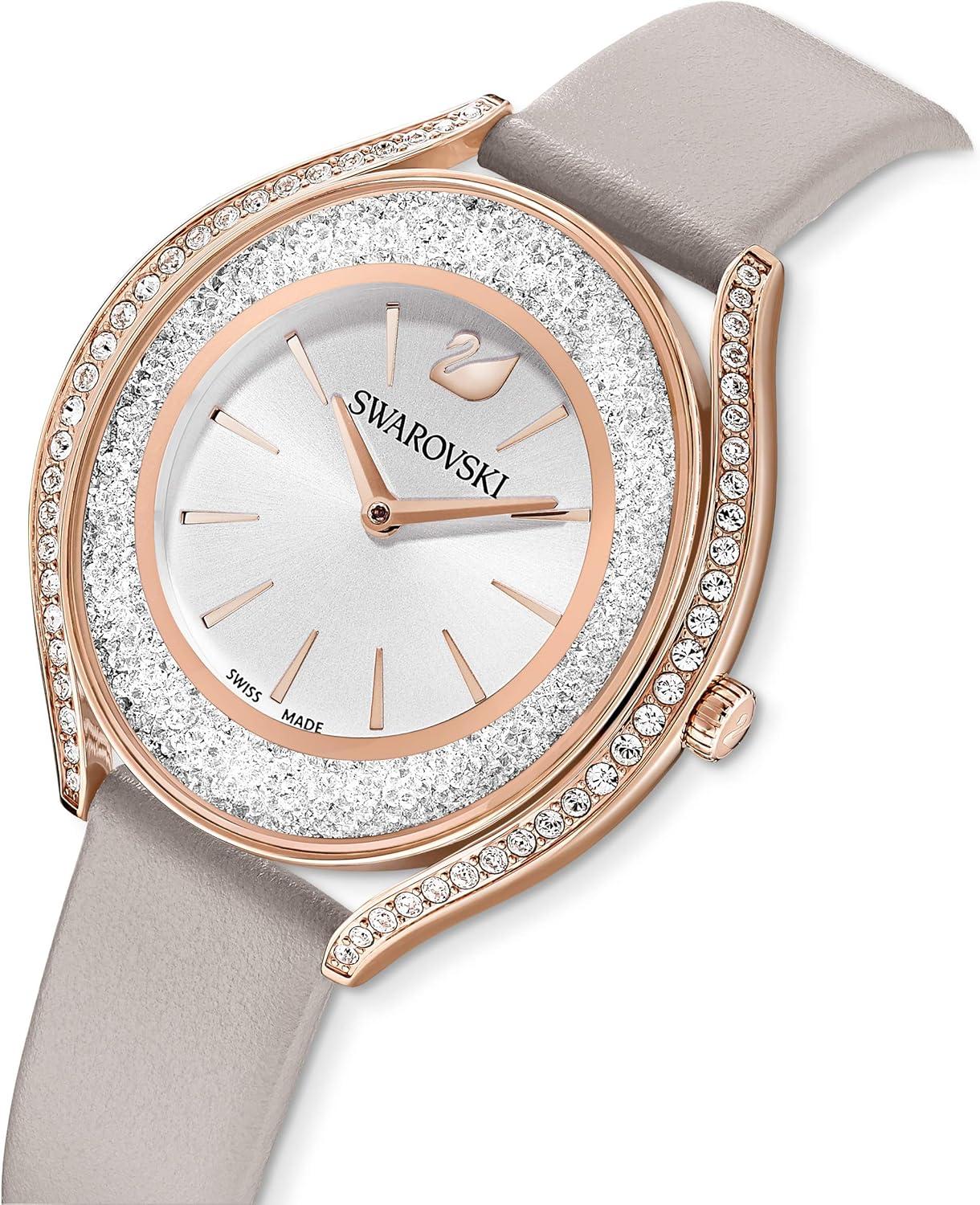 imageSwarovski Crystalline Aura Watch Taupe Leather Strap RoseGold Tone Finish Clear Crystals Swiss Made Part of The Crystalline Watch CollectionCrystalline Aura