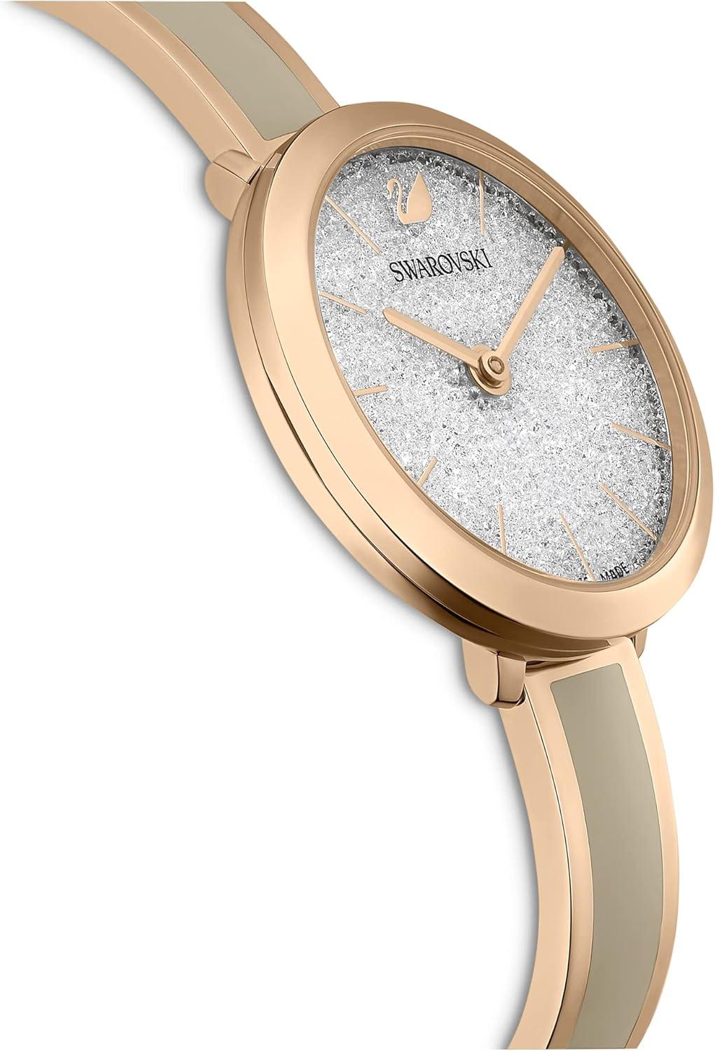 imageSwarovski Crystalline Aura Watch Taupe Leather Strap RoseGold Tone Finish Clear Crystals Swiss Made Part of The Crystalline Watch CollectionRose Gold Tone