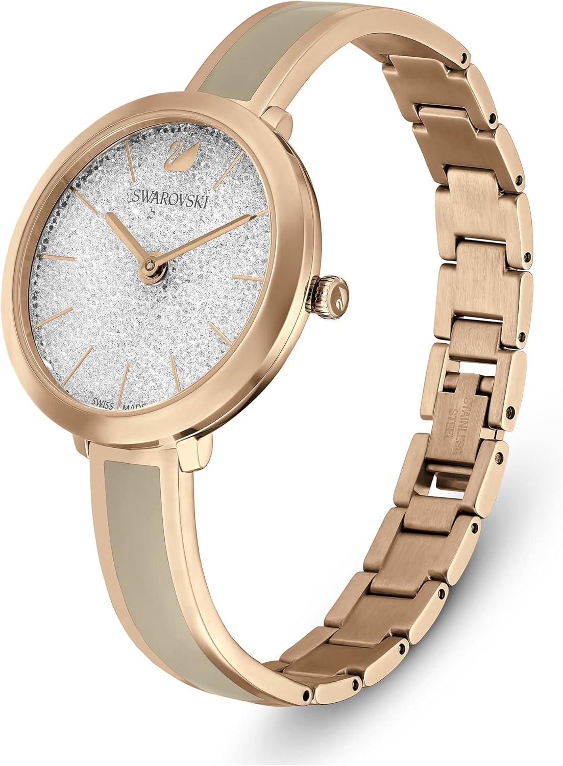 imageSwarovski Crystalline Aura Watch Taupe Leather Strap RoseGold Tone Finish Clear Crystals Swiss Made Part of The Crystalline Watch CollectionRose Gold Tone