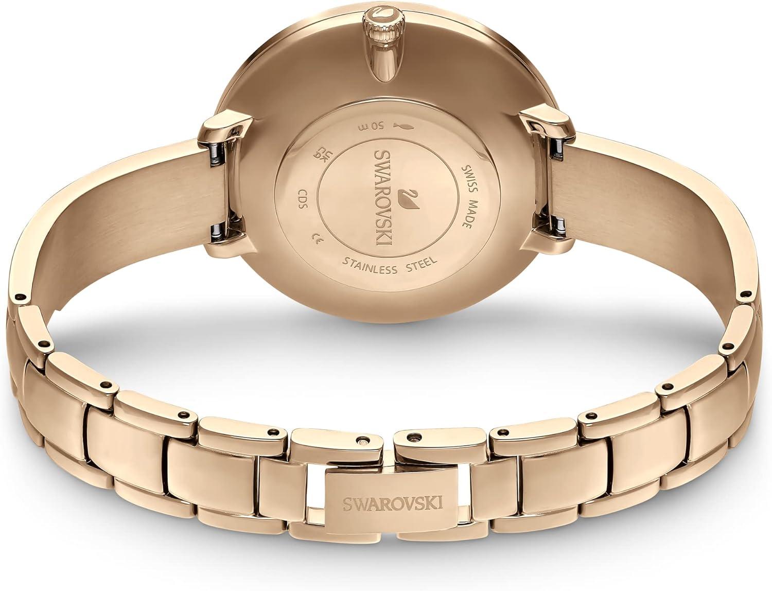 imageSwarovski Crystalline Aura Watch Taupe Leather Strap RoseGold Tone Finish Clear Crystals Swiss Made Part of The Crystalline Watch CollectionRose Gold Tone