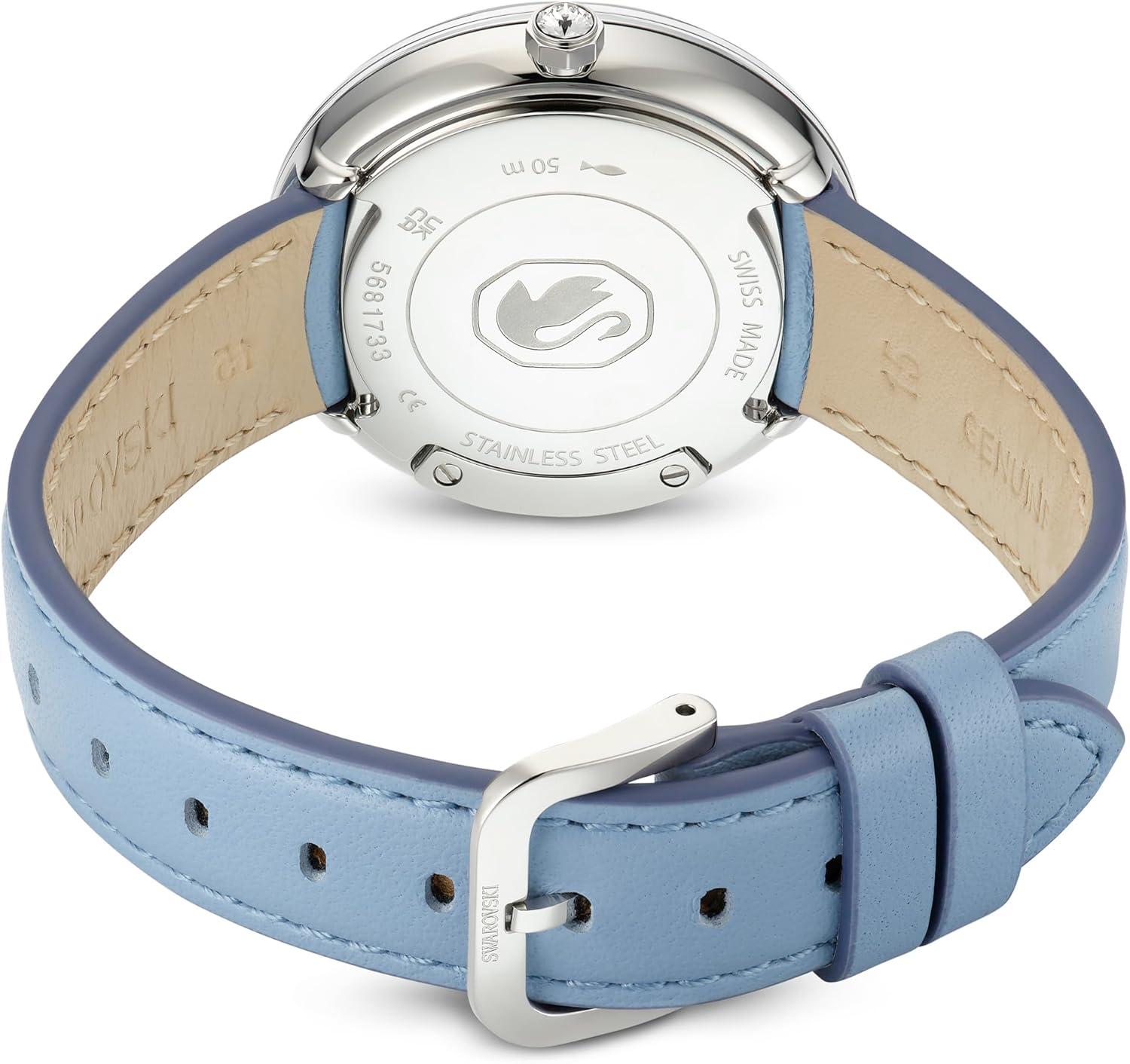 imageSwarovski Crystalline Lustre Leather Strap Band Swiss Made Stainless Steel Domed Saphire Glass 33mm 3460 Blue CrystalsBlue Leather Band