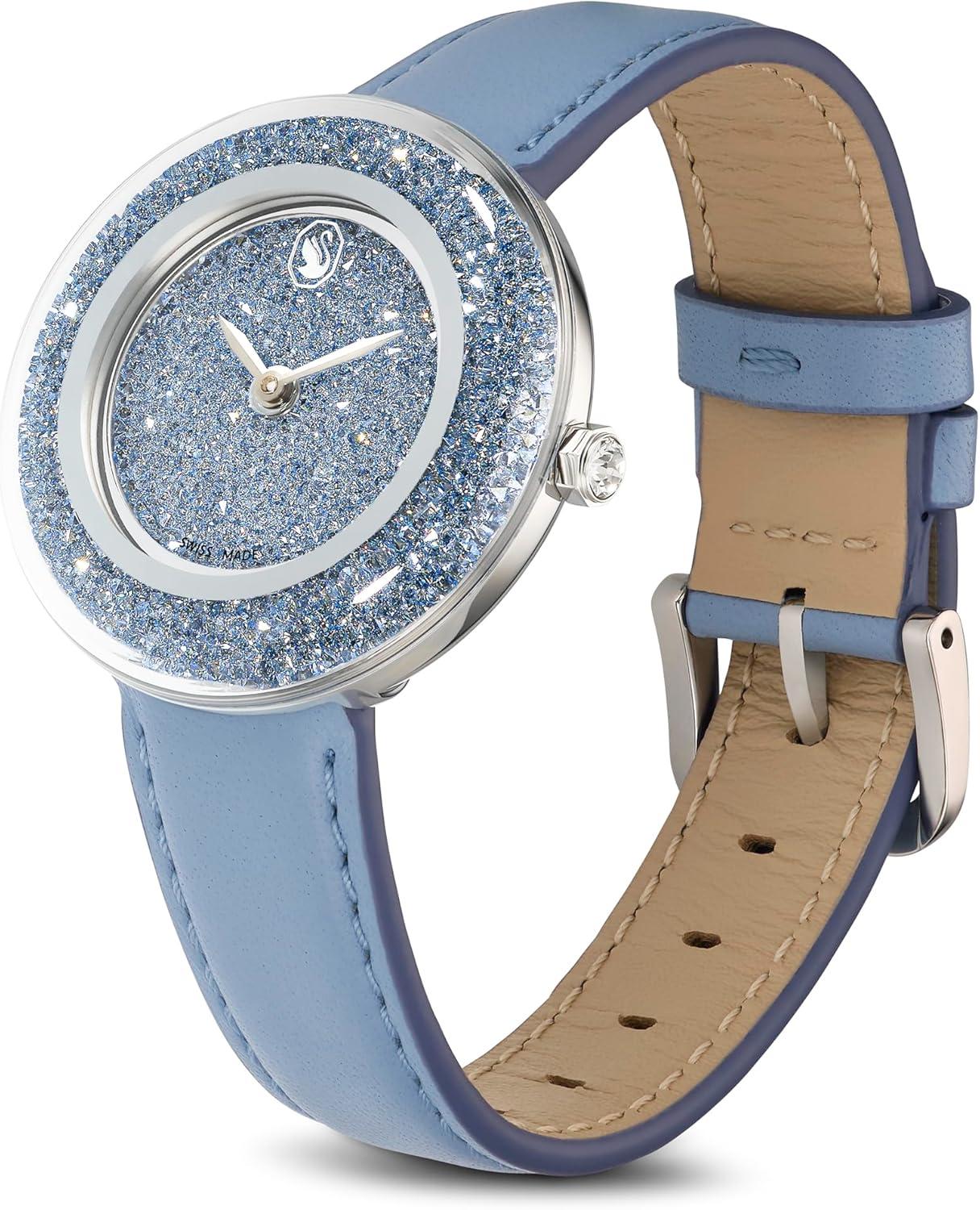 imageSwarovski Crystalline Lustre Leather Strap Band Swiss Made Stainless Steel Domed Saphire Glass 33mm 3460 Blue CrystalsBlue Leather Band