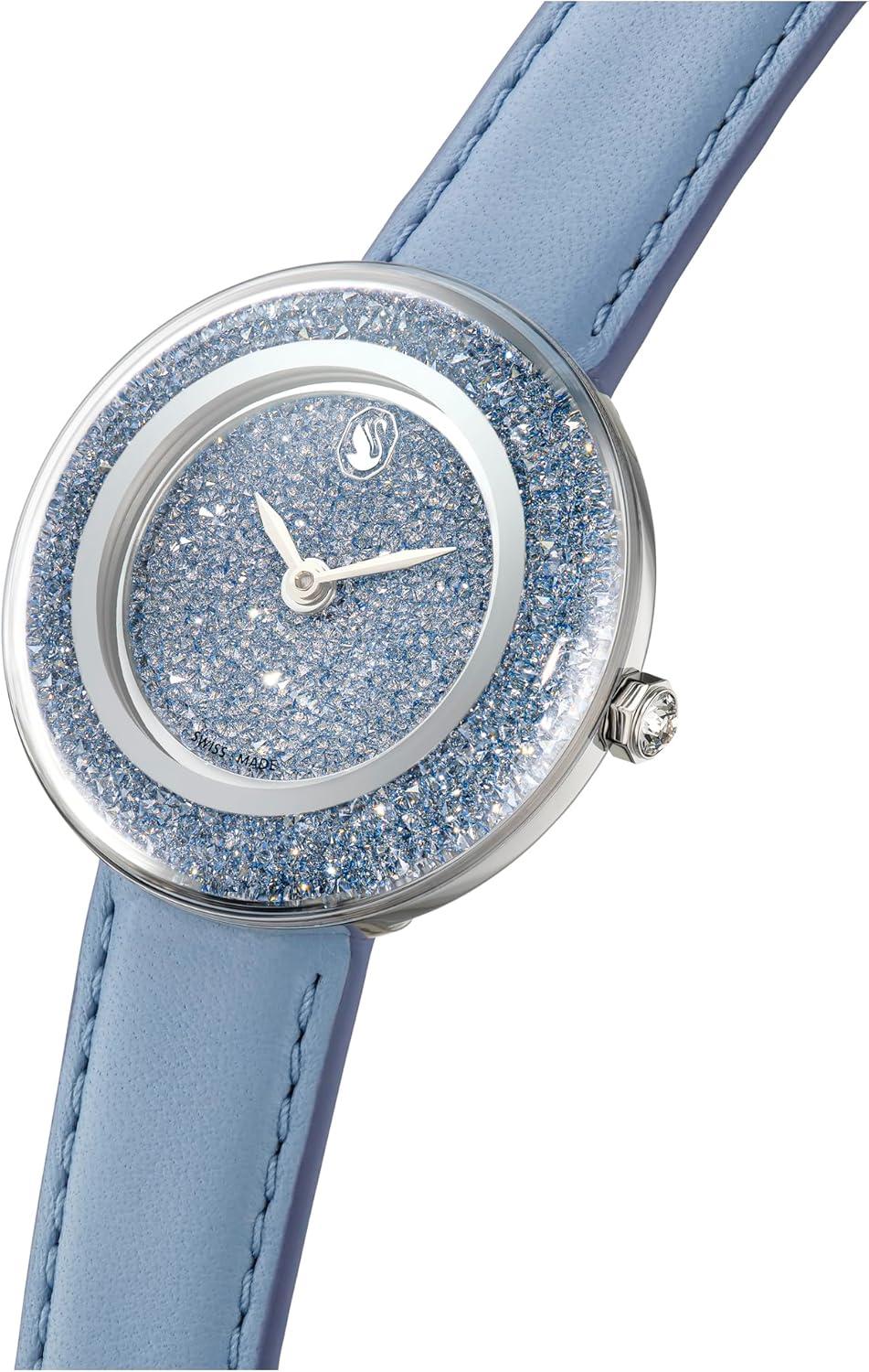imageSwarovski Crystalline Lustre Leather Strap Band Swiss Made Stainless Steel Domed Saphire Glass 33mm 3460 Blue CrystalsBlue Leather Band