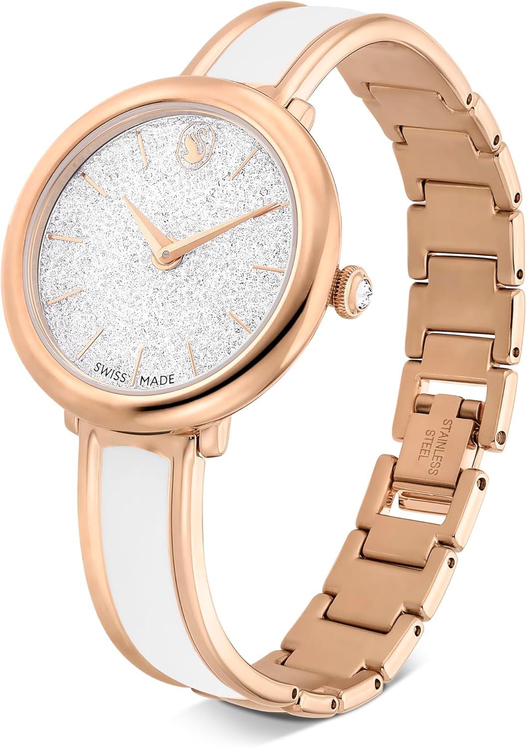 imageSwarovski Crystalline Lustre Leather Strap Band Swiss Made Stainless Steel Domed Saphire Glass 33mm 3460 Blue CrystalsWhite Rose Gold Tone Metal Band