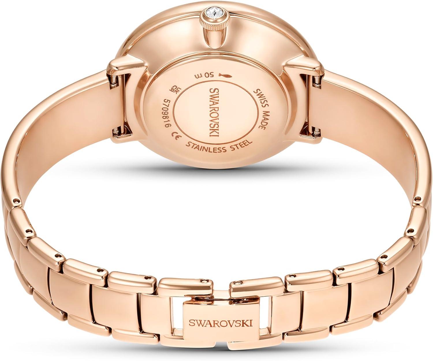 imageSwarovski Crystalline Lustre Leather Strap Band Swiss Made Stainless Steel Domed Saphire Glass 33mm 3460 Blue CrystalsWhite Rose Gold Tone Metal Band