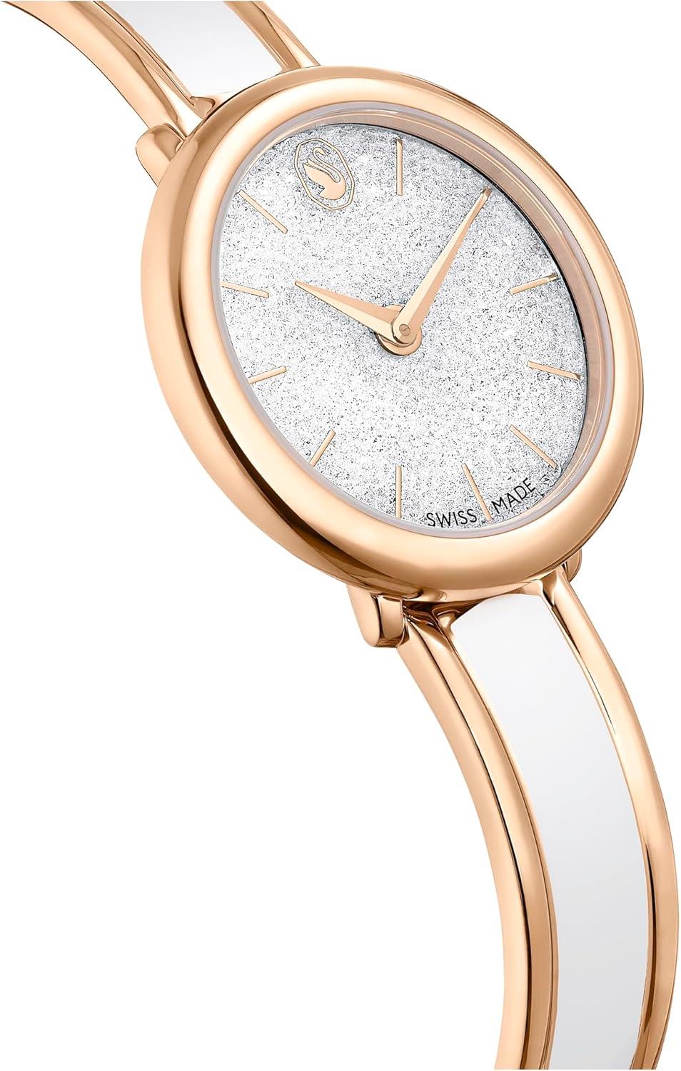 imageSwarovski Crystalline Lustre Leather Strap Band Swiss Made Stainless Steel Domed Saphire Glass 33mm 3460 Blue CrystalsWhite Rose Gold Tone Metal Band