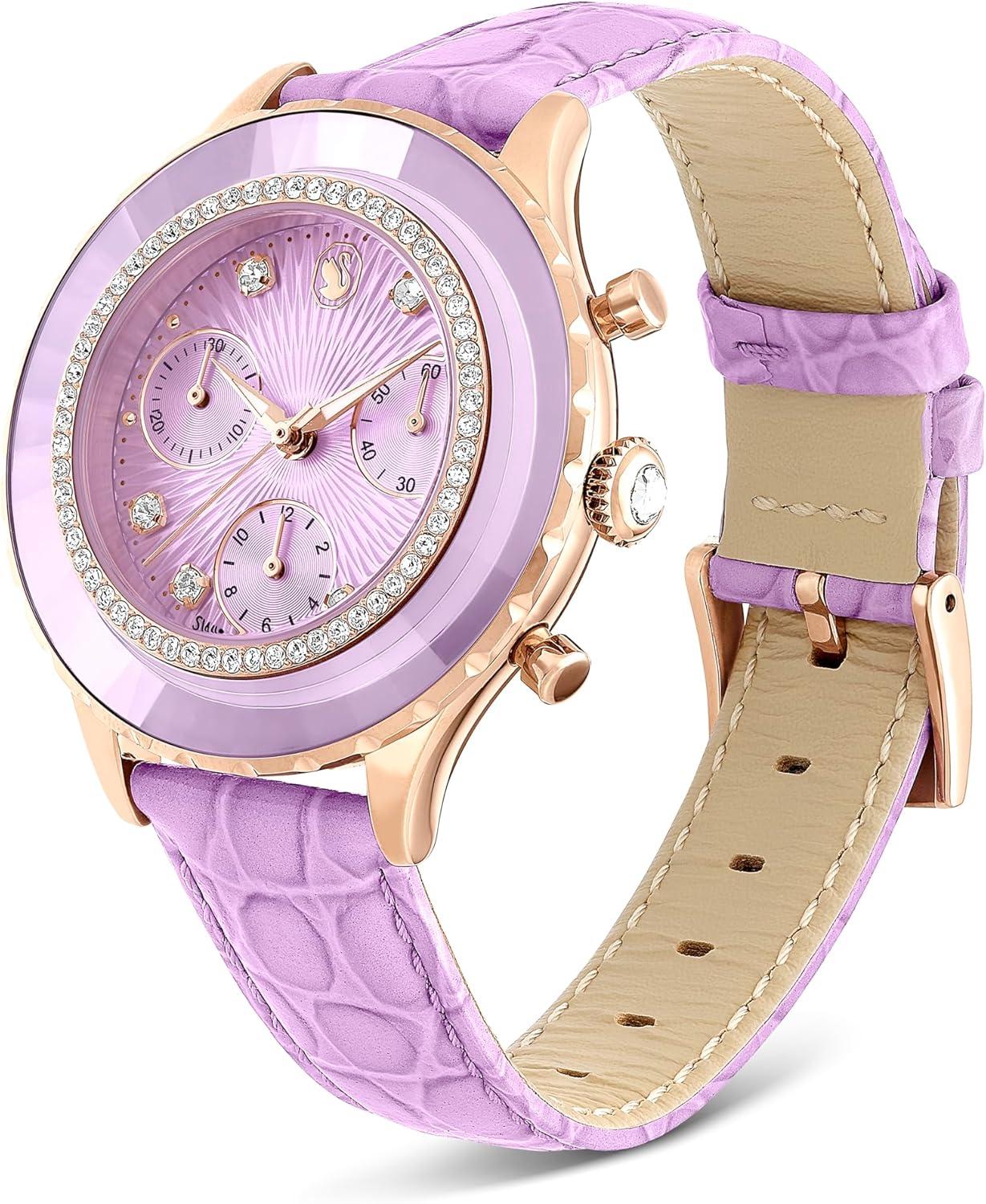 imageSwarovski Octea Chrono Watch Swiss Made Leather Strap Purple Rose GoldTone Finish