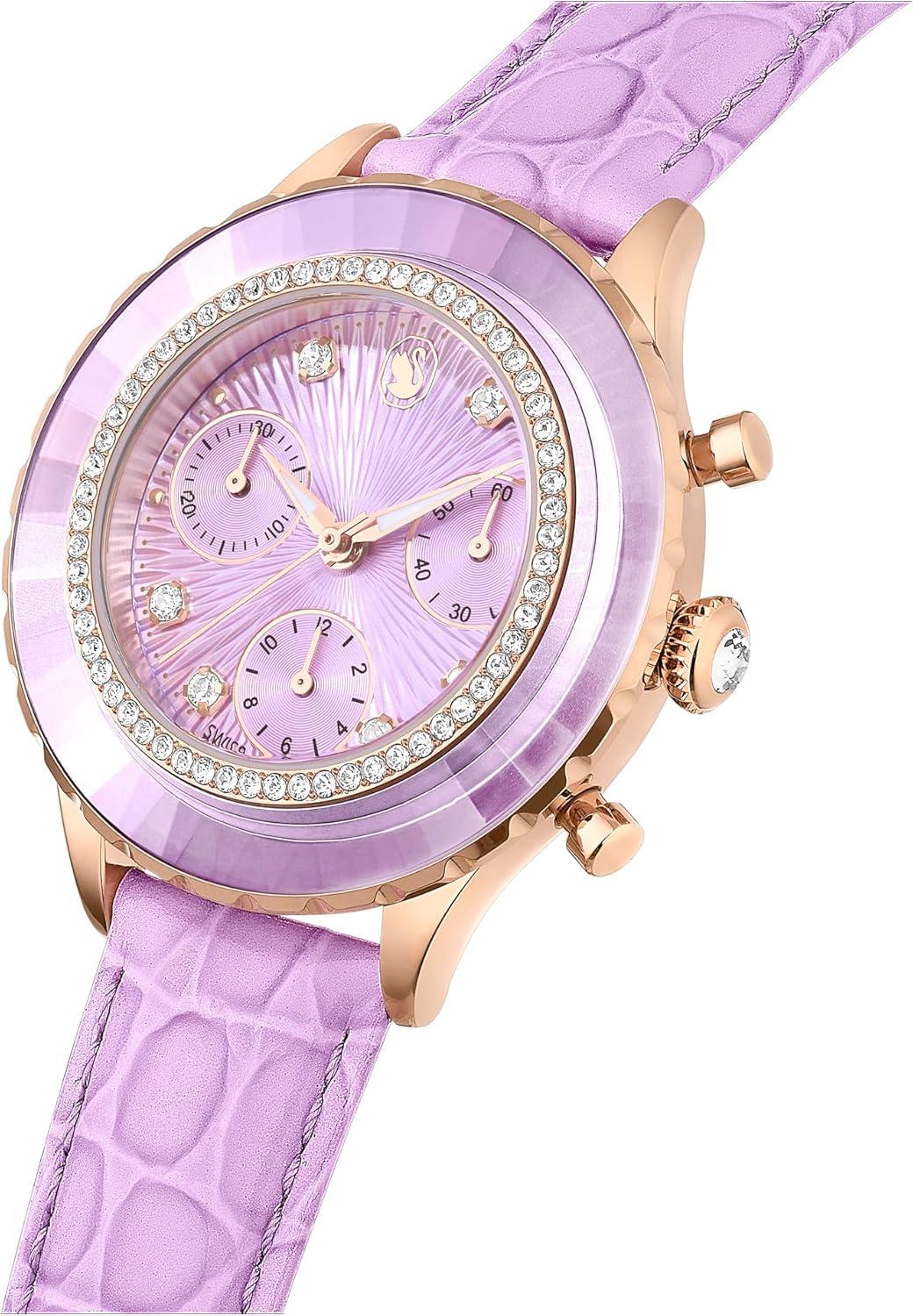 imageSwarovski Octea Chrono Watch Swiss Made Leather Strap Purple Rose GoldTone Finish