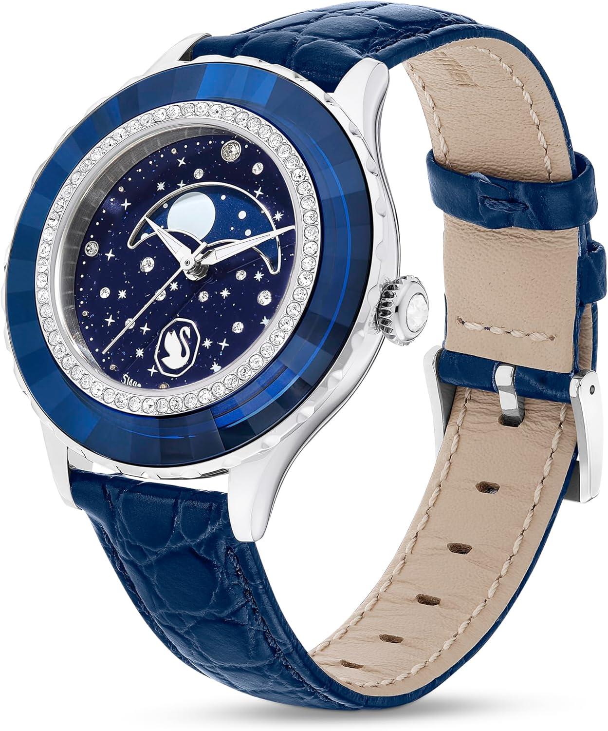 imageSwarovski Octea Moon Watch Swiss Made Moon Leather Strap Blue Stainless Steel