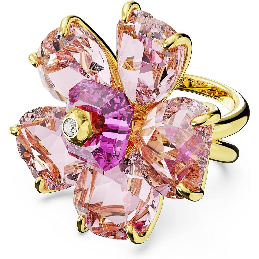 imageSWAROVSKI Florere Cocktail Ring Flower Motif with Pink Crystals on a GoldTone Finished Double BandUS Size 8 EU 58