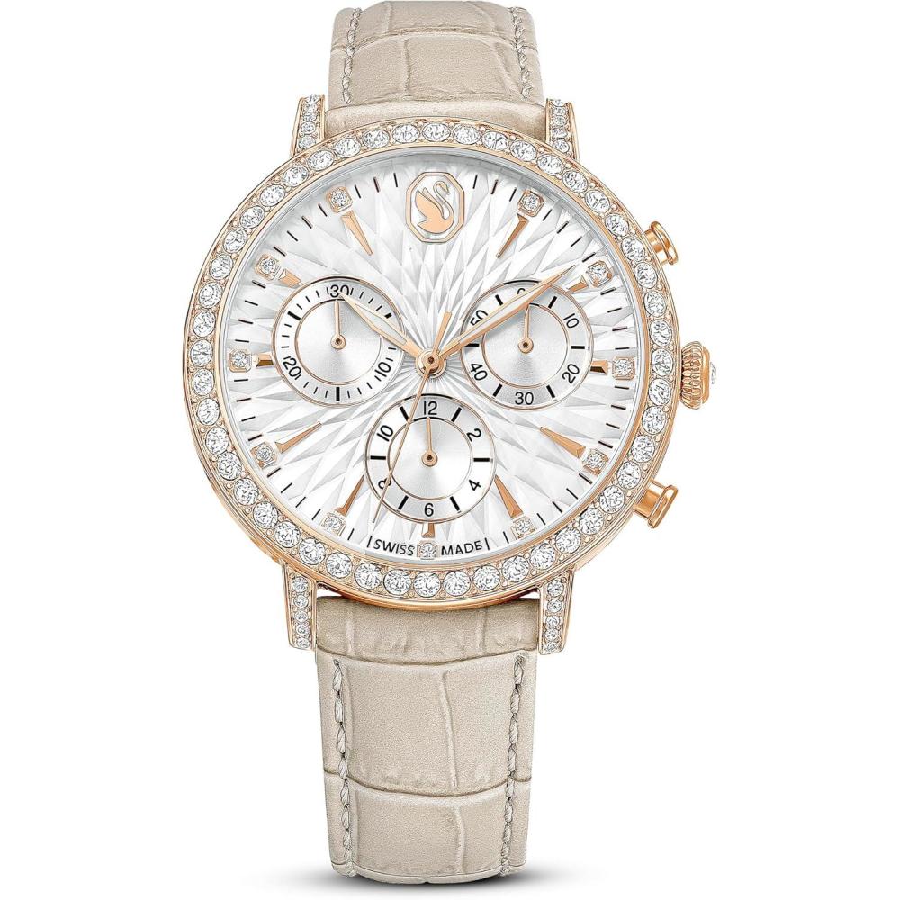 imageSwarovski Matrix Tennis Chrono Watch Swiss Made Leather Strap Beige Rose GoldTone Finish