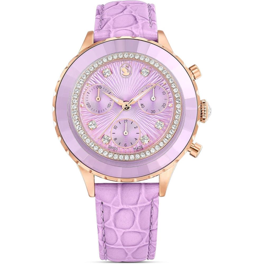 imageSwarovski Octea Chrono Watch Swiss Made Leather Strap Purple Rose GoldTone Finish