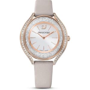 Swarovski Crystalline Aura Watch, Taupe Leather Strap, Rose-Gold Tone Finish, Clear Crystals, Swiss Made, Part of The Crystalline Watch Collection(Crystalline Aura)